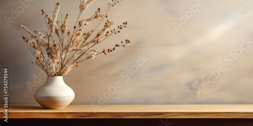 White Vase Filled With Dried Flowers on Wooden Table Generative AI