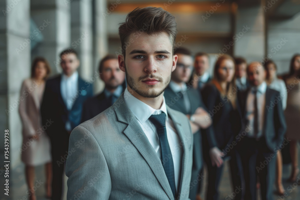 Young businessman standing in front of team. Group of business people in the background