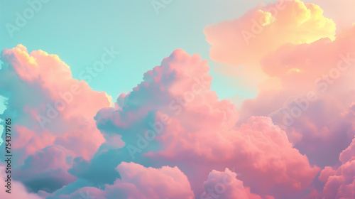 Beautiful pastel colored clouds. Colorful pink and blue fluffy cotton candy background. Soft color sweet candyfloss, abstract blurred sky texture, retro style wallpaper background