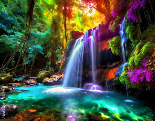 Beautiful small waterfall with tropical forest background, capturing the essence on digital art concept.