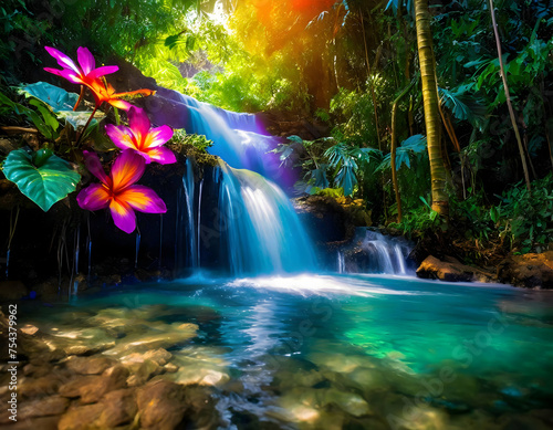 Beautiful small waterfall with tropical forest background, capturing the essence on digital art concept.