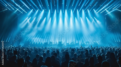 During a concert festival, there's a crowded concert hall with colored stage lights, a rock show performance with people silhouettes on a dance floor.