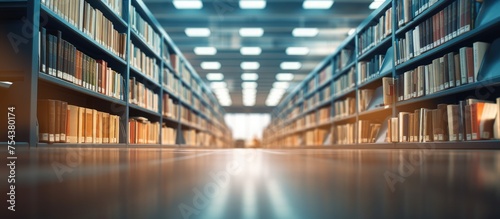A wide library room is packed with numerous bookshelves, each stacked high with books of various sizes and colors. The blurred view between the shelves suggests the vastness of the collection.
