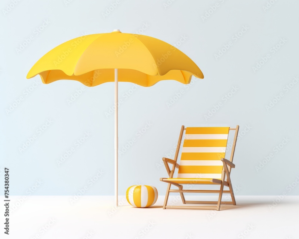 3D illustration of a beach chair and yellow umbrella