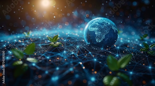 Blue planet Earth with green plant sprouts. Low poly style design. Geometric background. Wireframe light connection structure. Modern 3D graphic. illustration.