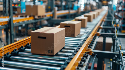 A series of brown packages travel along an automated conveyor belt system in a modern distribution warehouse, highlighting efficiency in logistics..