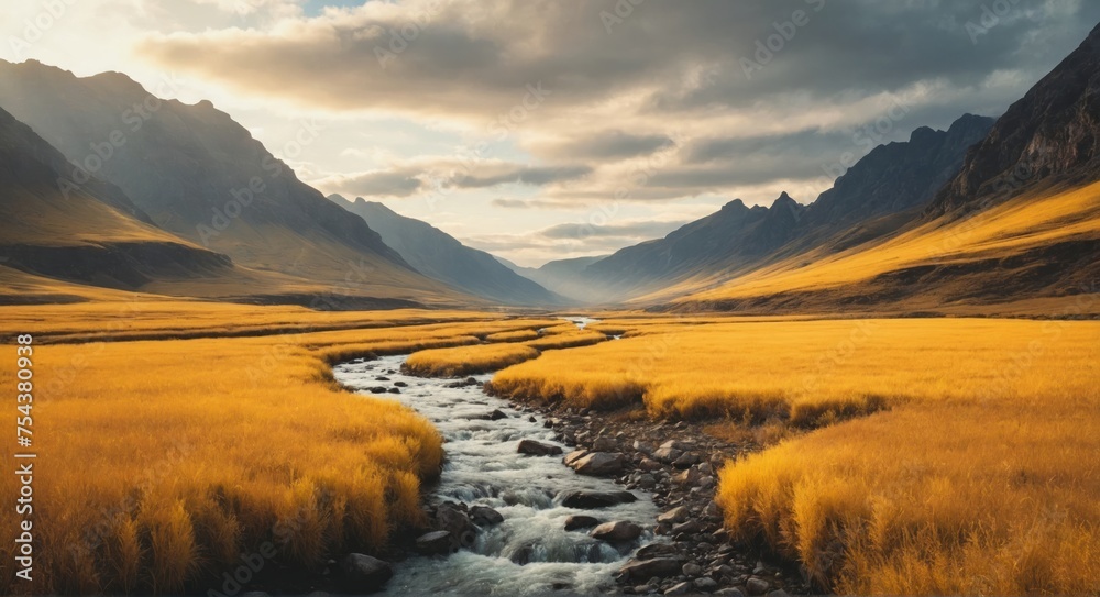 River in a mountain valley - obrazy, fototapety, plakaty 