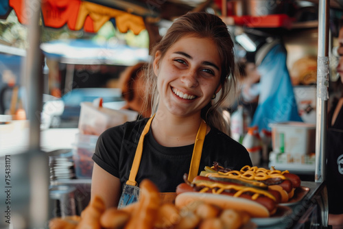 Hot dog vendor  young smiling working woman at a street food stall with copy space