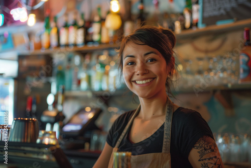 Female waitress, copy space of a latin worker behind the bar serving alcohol with copy space