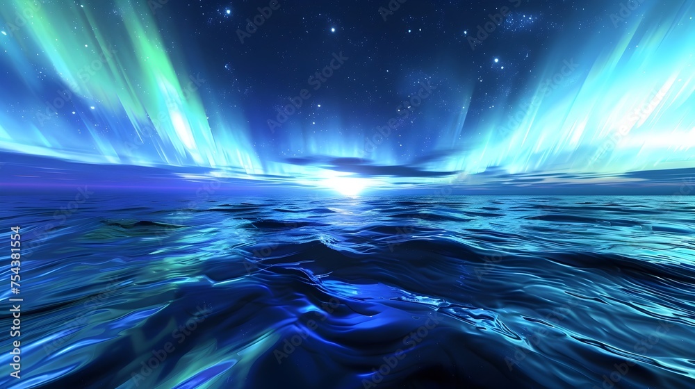 3D Illustration of Northern Lights Over the Ocean at Night, To provide a visually striking and peaceful image of the northern lights for use in a