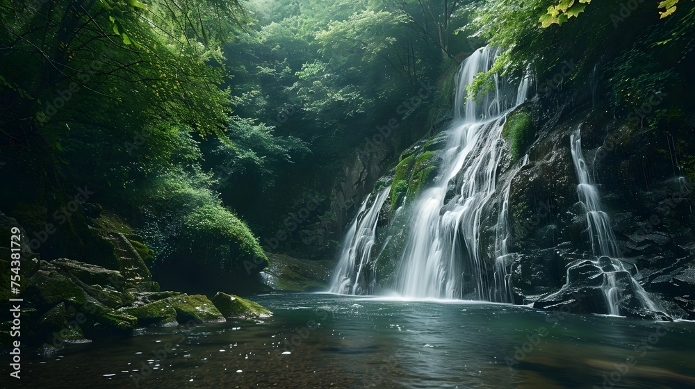 Majestic Waterfall in Japanese Forest, To showcase the untouched beauty of nature and the majestic waterfall in a hidden Japanese forest Majestic Waterfall in Japanese Forest, To showcase the untouched beauty of nature and the majestic waterfall in a hidden Japanese forest