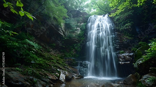 Majestic Waterfall in Lush Forest, To showcase the untouched beauty of nature and its powerful elements in a high-quality and realistic image,