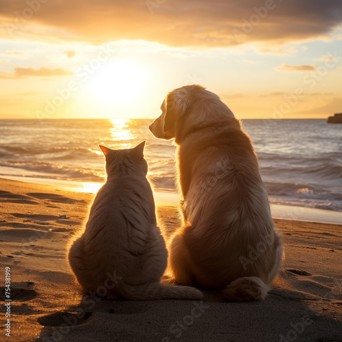 Dog and cat sitting on beach at sunset