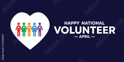 National Volunteer Month. Peoples and heart. Perfect for cards, banners, posters, social media and more. Dark blue background. 