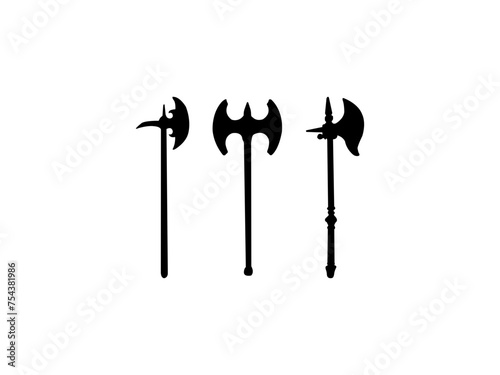 Medieval war type of weapon hatchet, concept icon axe old cold weaponry black silhouette vector illustration, isolated on a white background. Flat equipment of murder, world melee weapon.