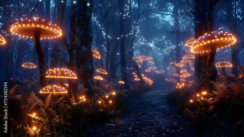 Glowing Mushrooms Light Up Enchanted Forest Path at Night, To convey a sense of wonder and enchantment, suitable for fantasy or science fiction