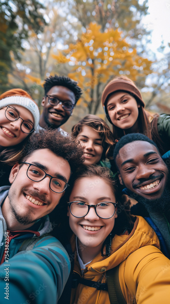 Autumnal Joy: Cheerful Diverse Friends Taking Selfie with Fall Foliage, Warm Smiles in a Cool Season Autumnal Joy: Cheerful Diverse Friends Taking Selfie with Fall Foliage, Warm Smiles in a Cool Season