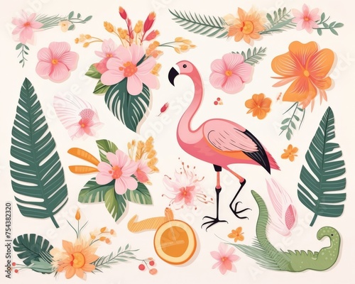 Hand-drawn scrapbooking elements with tropical birds and flowers