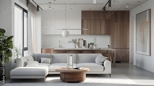 Minimalist Living Room and Kitchen with Light Grey Sofa and Walnut Wood, A modern and minimalist interior design concept for a peaceful and relaxing