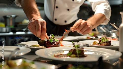 Chef Plating Gourmet Dishes in Upscale Restaurant Kitchen  To showcase the skill and precision of a professional chef in an upscale restaurant