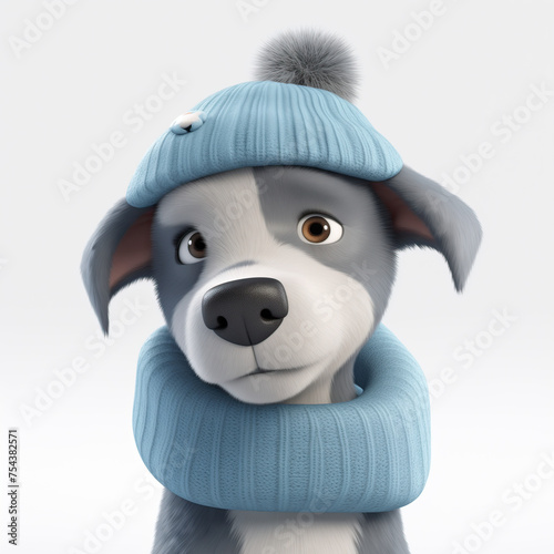 Dibujo animado de un cachorro de Staffy, perro gris y blanco, con gorro y bufanda azul celeste, ilustración 3D sobre fondo blanco, visto de frente, medio cuerpo. cuida a tu mascota, ropa de invierno