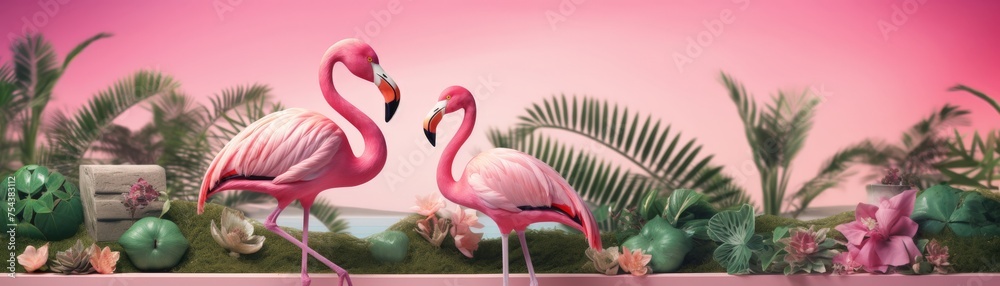 Naklejka premium Pink tropical background with flamingo