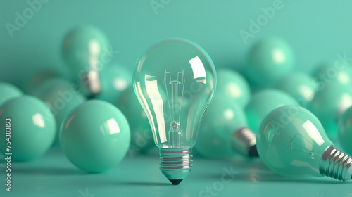 Lightning lamps at home, in restaurant or cafe: Close up of a hanging, orange lightbulb. one of lightbulb glowing among shutdown light bulb in green area with copy space for creative thinking problem.