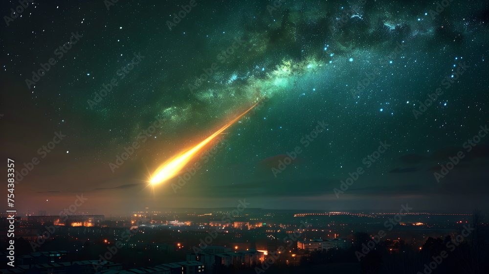 Green meteor falling crashs earth at Starry Night Sky Over the world