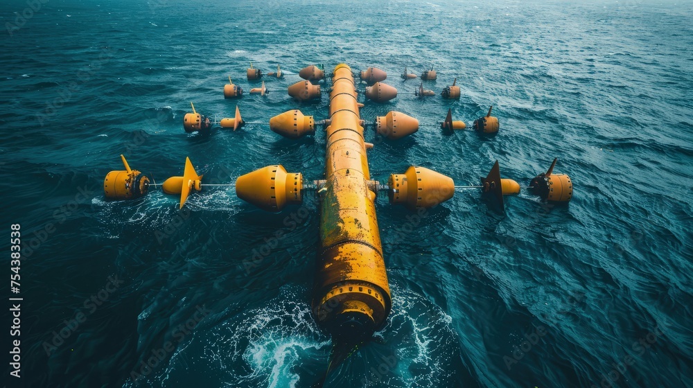 An underwater tidal turbine array generating clean energy from ocean currents without impacting marine life - obrazy, fototapety, plakaty 