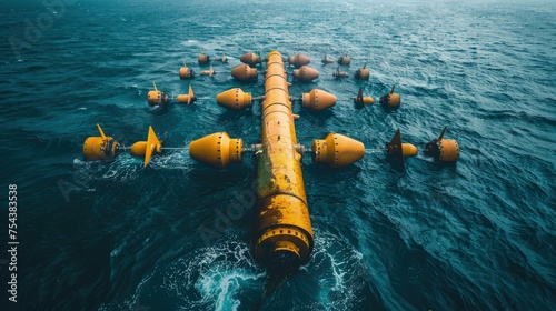 An underwater tidal turbine array generating clean energy from ocean currents without impacting marine life photo