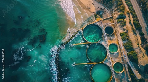 A coastal desalination plant powered by wave and tidal energy, providing fresh water with minimal environmental impact