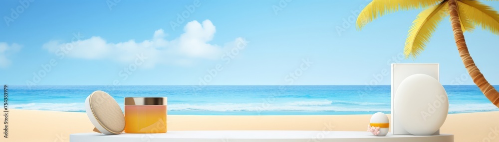 Podium display on sand beach background with palm tree