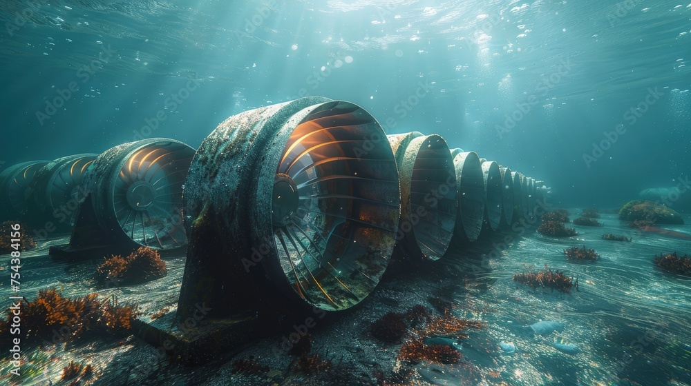 An underwater tidal turbine array generating clean energy from ocean ...