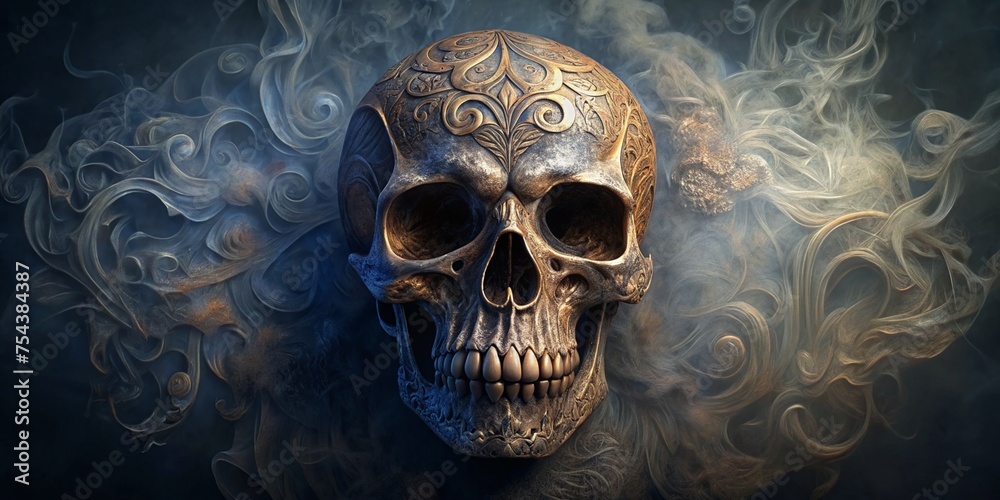 Human skull. Design on the skull. Skull and smoke background. Human skull. Design on the skull. Skull and smoke background.