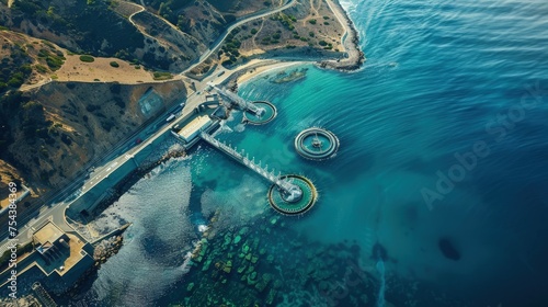 A coastal desalination plant powered by wave and tidal energy, providing fresh water with minimal environmental impact