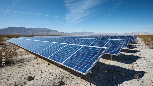 A solar farm in the desert  harnessing the sun s power with thousands of photovoltaic panels