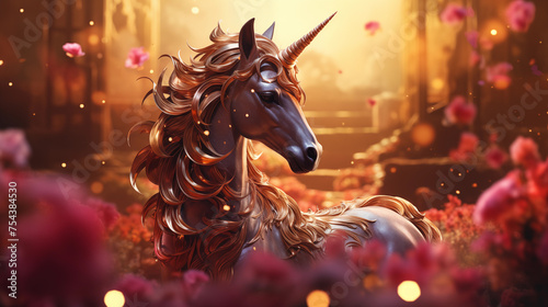 a unicorn sitting on a gold garden in the style of rainbowcore photo