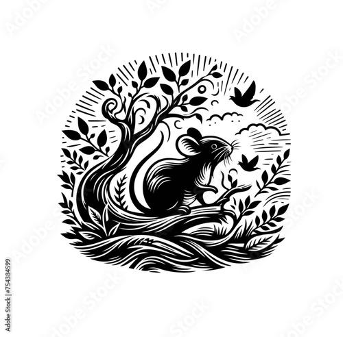 Mouse in nature landscape. Monochrome engraved isolated vector illustration