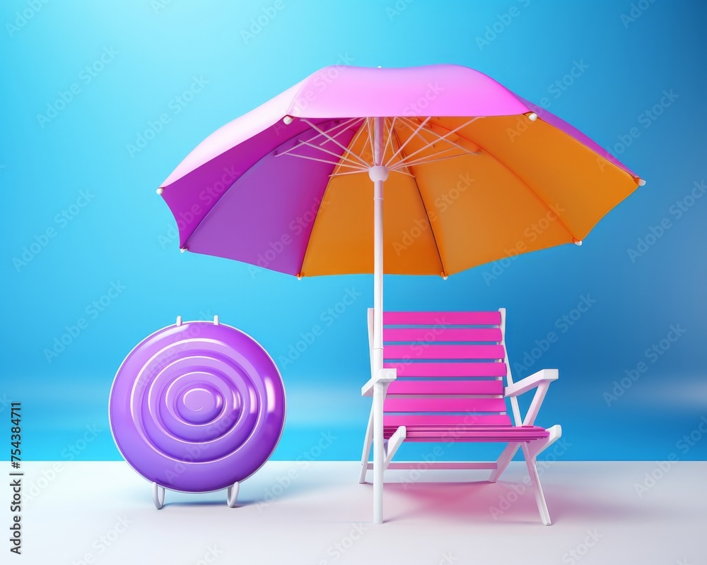 Summer holiday concept with a 3D illustration of a beach chair and umbrella Summer holiday concept with a 3D illustration of a beach chair and umbrella