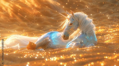 a unicorn rests on gold sand background in the style of technicolor dreamscape
