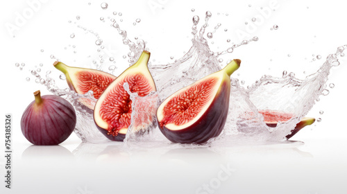 Fig sliced pieces flying in the air with water splash isolated on transparent png.
