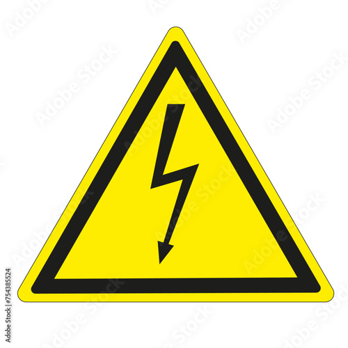 Panneau triangulaire à fond jaune et entourage noir avec éclair indiquant un haut voltage, haute tension