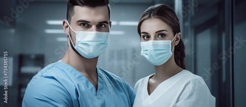 A man and woman wearing surgical masks, possibly at a vaccination site. The man appears handsome and seems to have received his third Covid vaccination from a nurse.