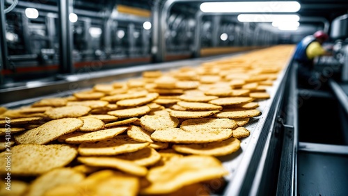 Potato chip production line at the factory. A conveyor for the production of potato chips and snacks.