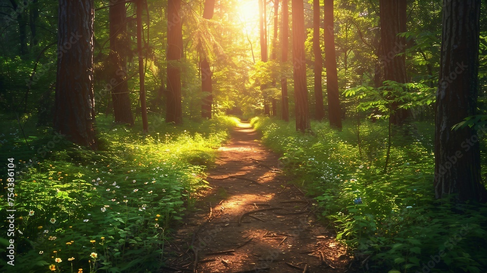 Obraz premium Hiking trail through a verdant forest with filtered-sunlight, wildflowers