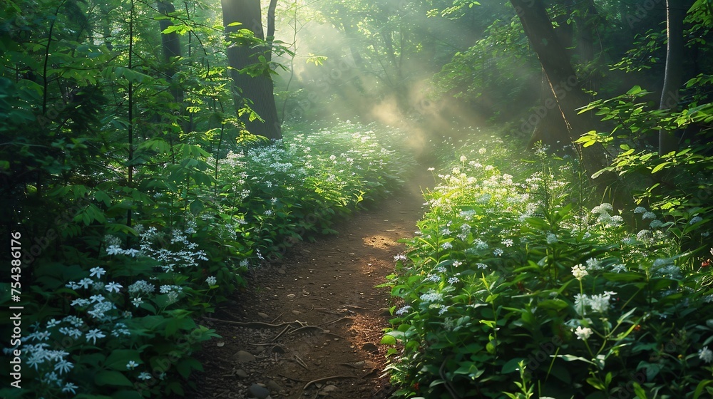 Hiking trail through a verdant forest with filtered-sunlight, wildflowers