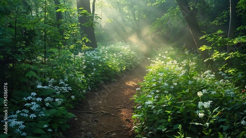 Hiking trail through a verdant forest with filtered-sunlight  wildflowers