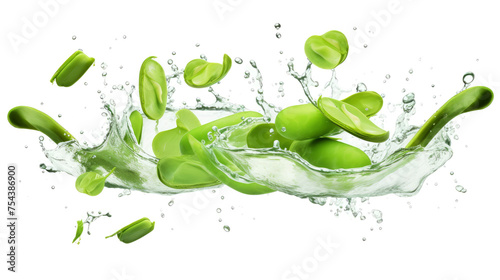 Broad beans  sliced pieces flying in the air with water splash isolated on transparent png.
