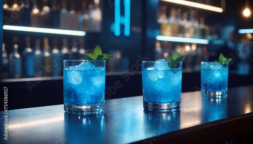 Blue Cocktails with Ice Cubes and Mint on the Bar Counter