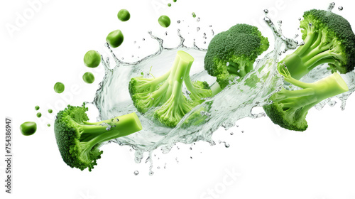 Broccoli rabe sliced pieces flying in the air with water splash isolated on transparent png.
 photo